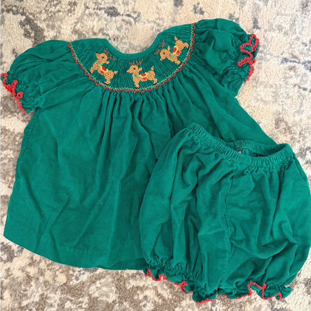 Green Corduroy Smocked Baby Dress and Bloomers